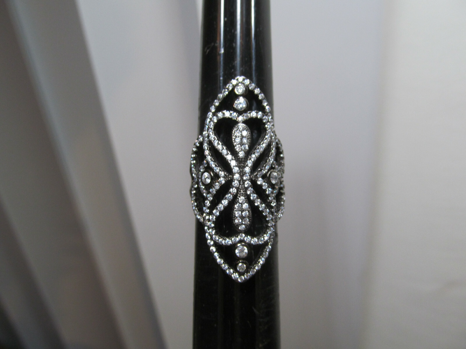 925 Gun Metal Sterling Silver Filigree Navette shaped CZ crystal Ring 5s, 7.2g