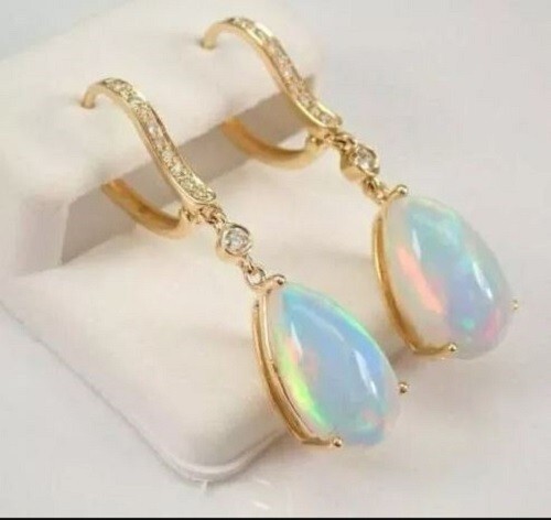 3.00 Ct Pear Cut Fire Opal & Diamond Drop Dangle Earrings 14k Yellow Gold Over