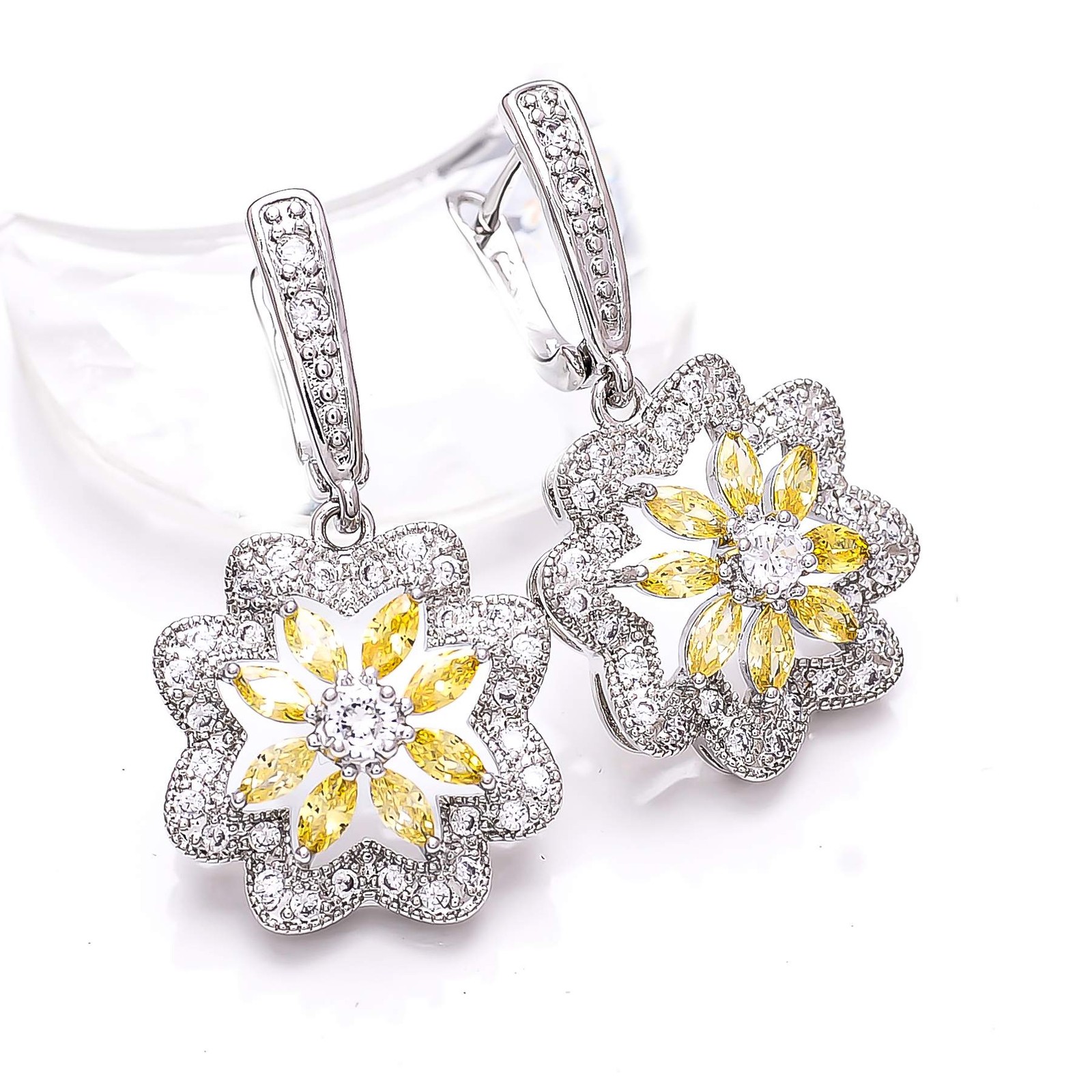 Yellow Sapphire Simulated & CZ 925 Silver Handmade Flower Earring 1.50″ E4