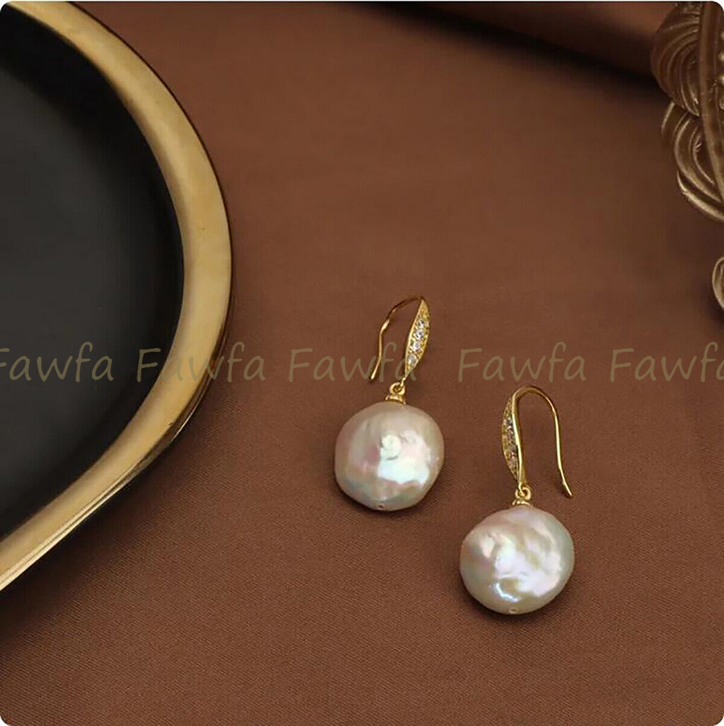 Natural 12-13mm White Freshwater Coin Pearl Dangle Rhinestone Hook Earrings