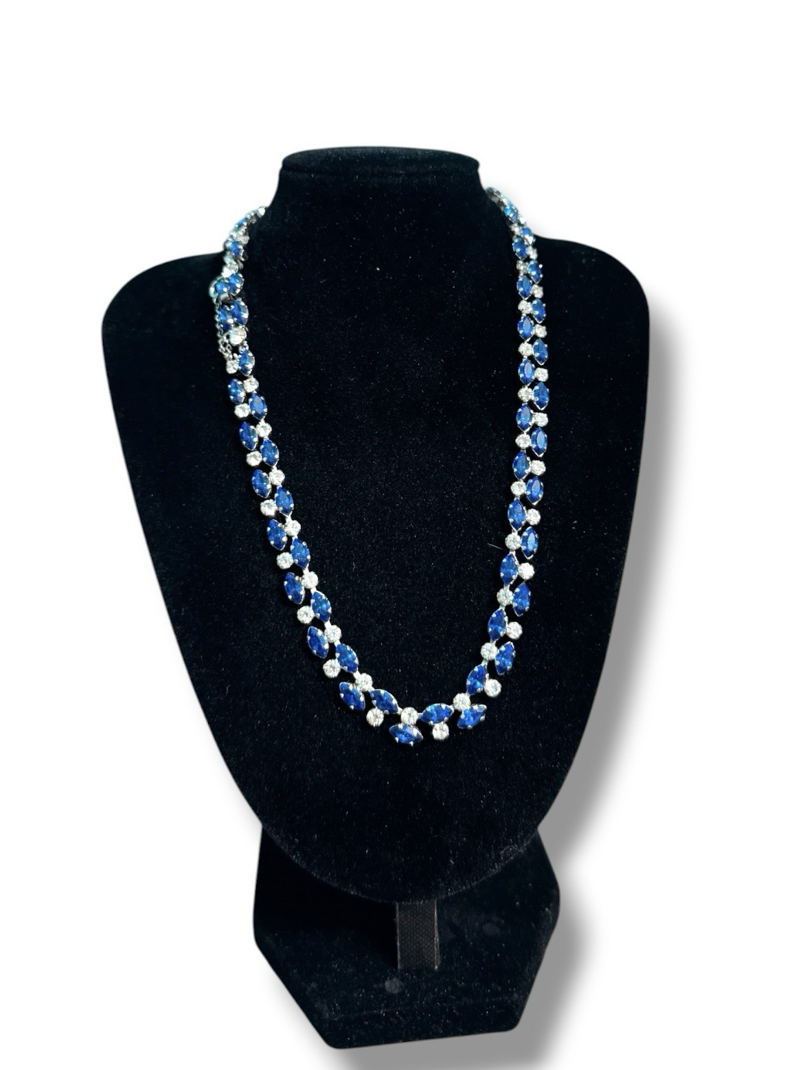 Vintage Austria Blue Rhinestone Tennis Necklace Austrian Crystal Silver Tone Sig