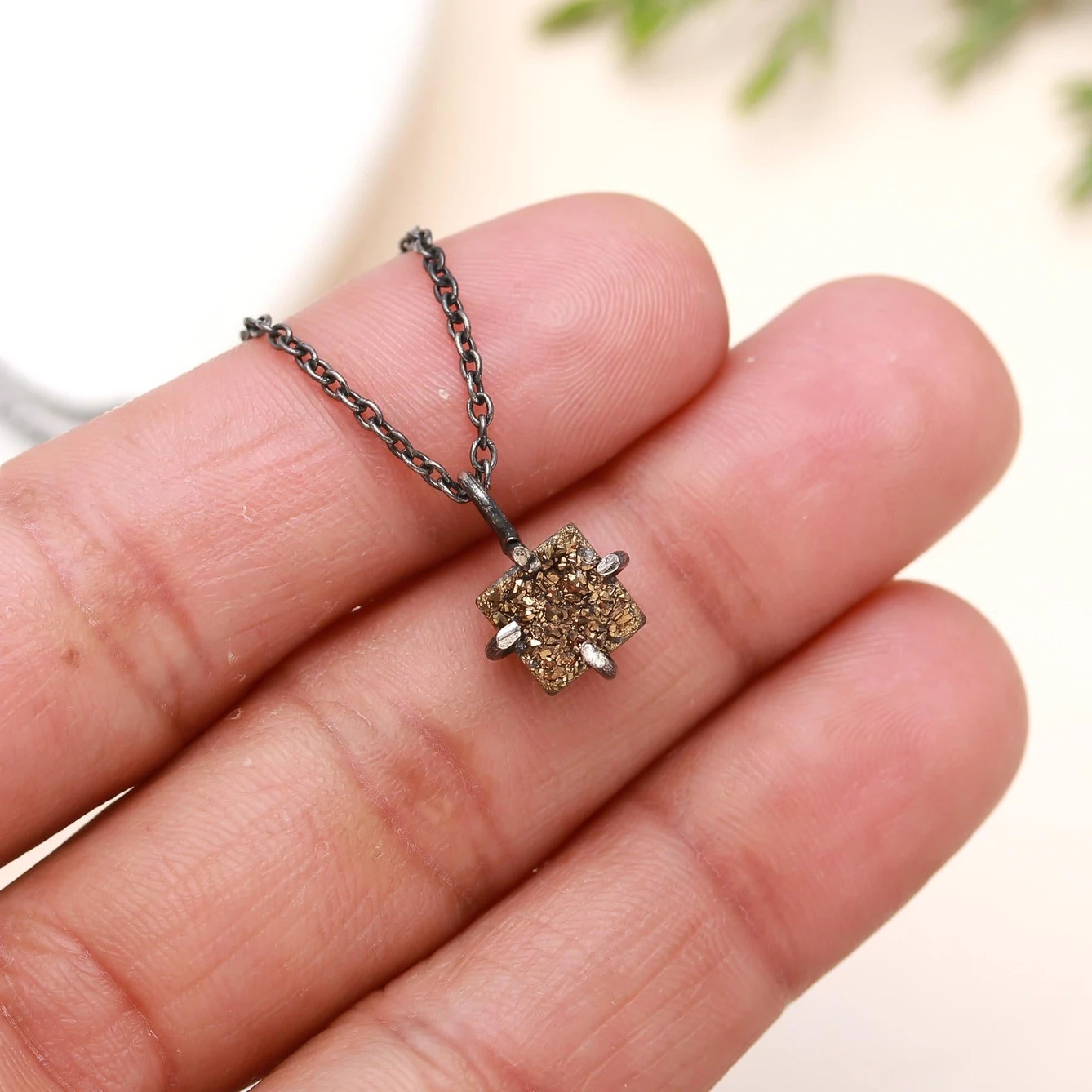 Quartz Drusy Pendant Necklace – Oxidized Silver – Roost Artisan Jewelry