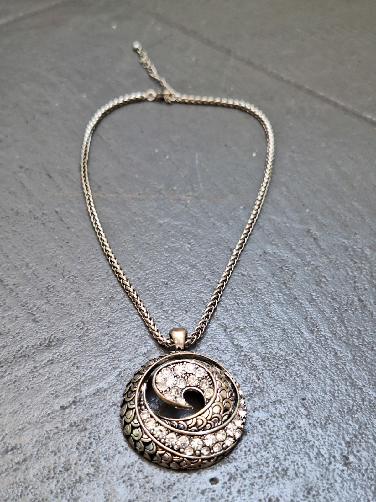 Crescent Swirl spiral wave round metal pendant necklace + crystals vintage