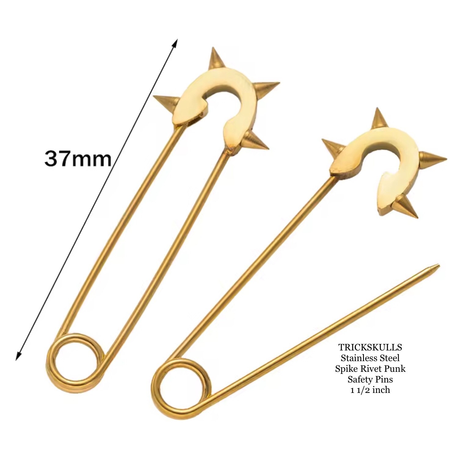 (2) Punk Rivet Spikes Stainless Steel Safety Pins Gold 1 1/2 inch Spiked Retro