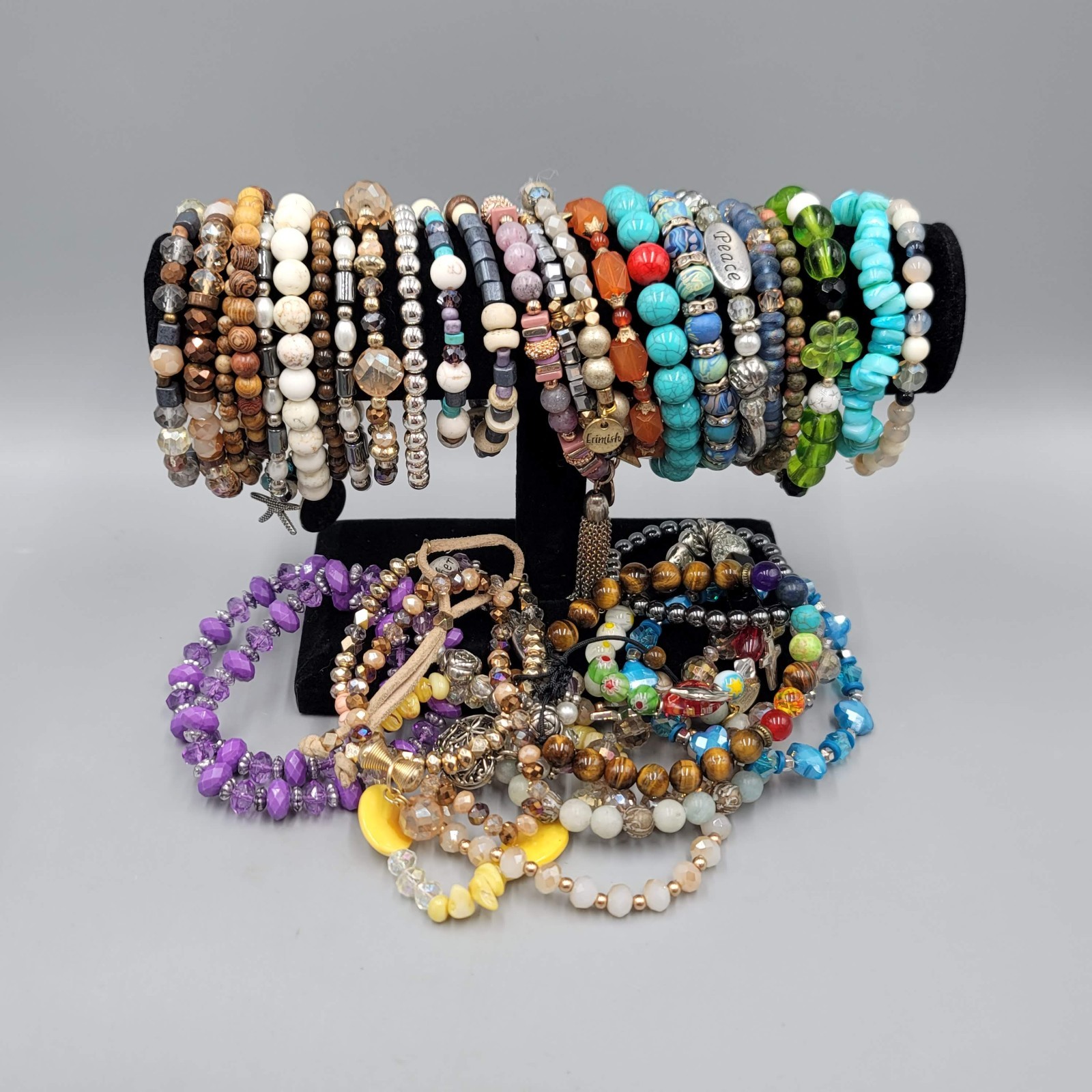 Beaded Stretch Bracelet Lot of 36 Mixed Styles Stone Crystal Glass Acrylic