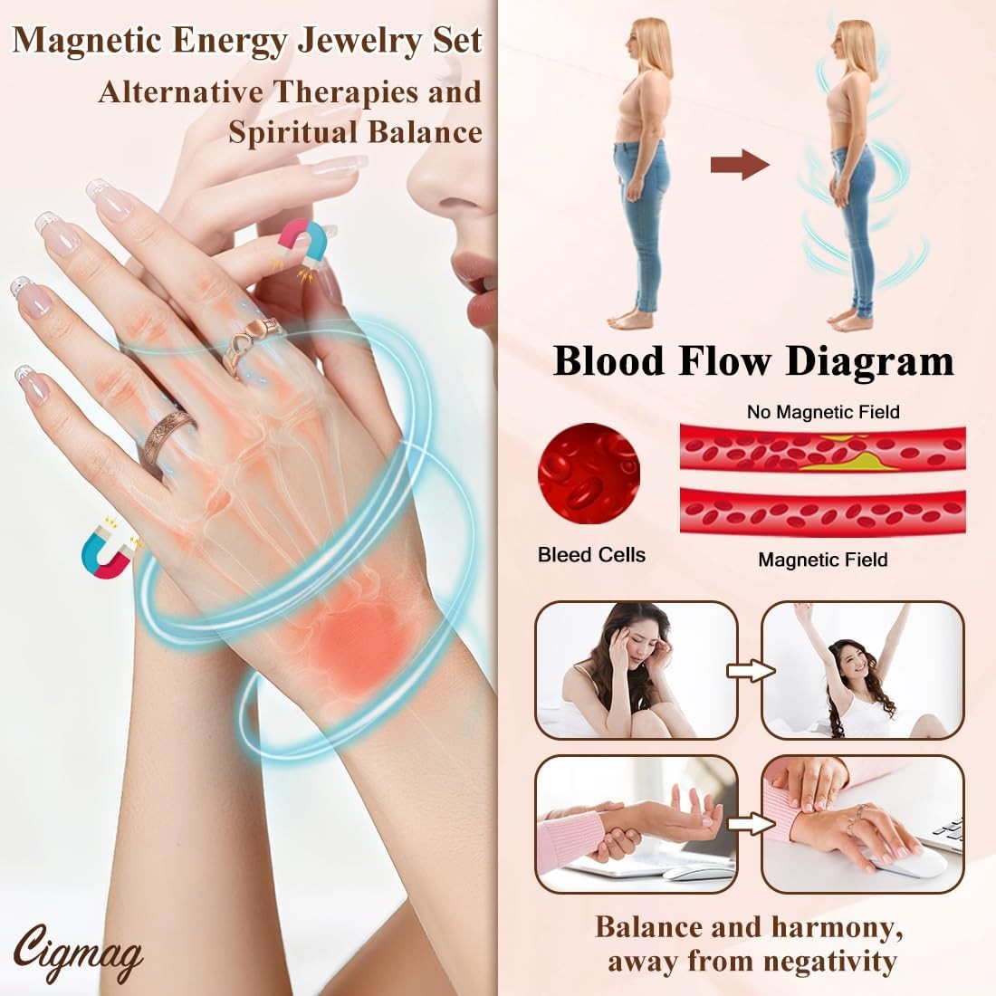 9X Magnetic Rings for Women, with Powerful Magnets, Adjustable Solid Pure Copper