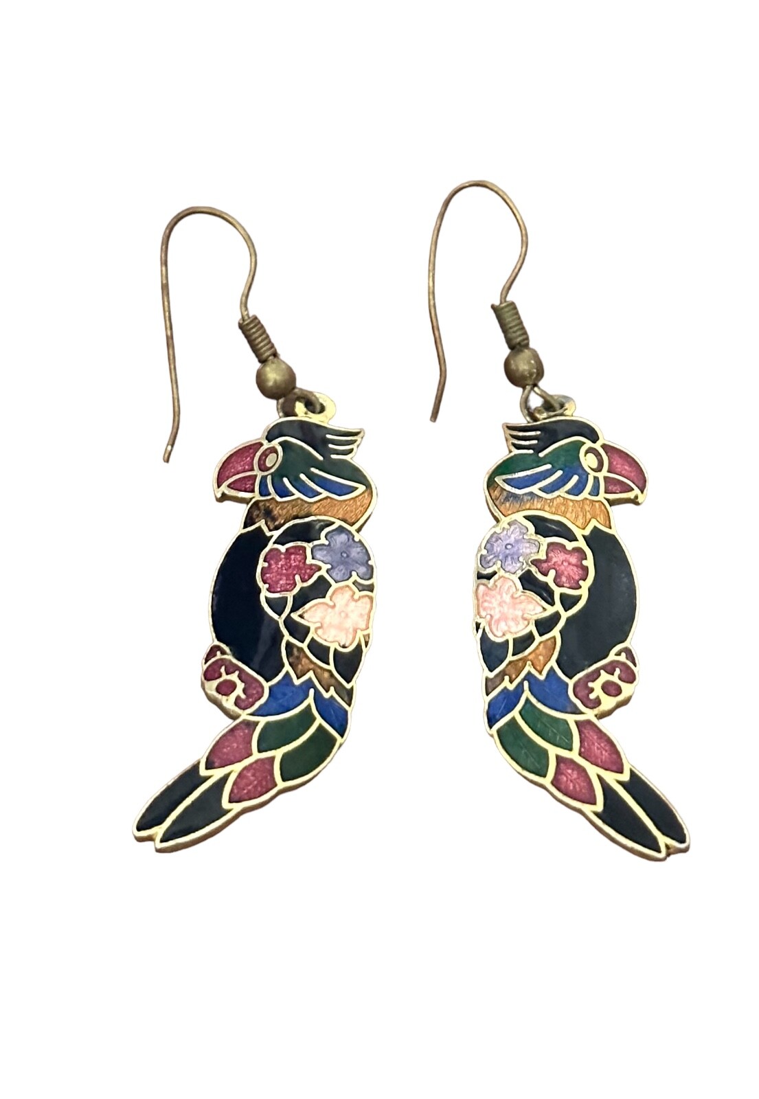 Fashion Cloisonné Earrings- PARROTS -black red pink green gold- French wire