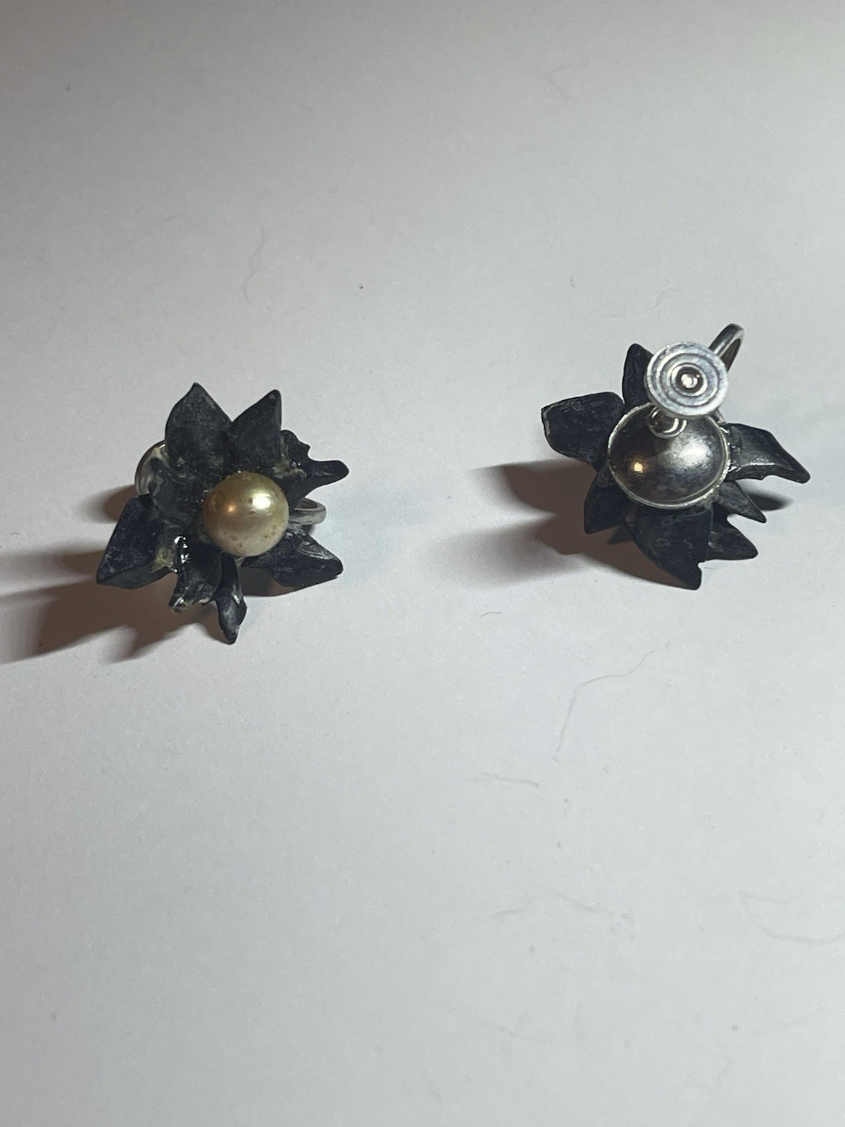 Black Silver Tone Flower Stud Earrings Simulated Cream Pearl Butterfly Back