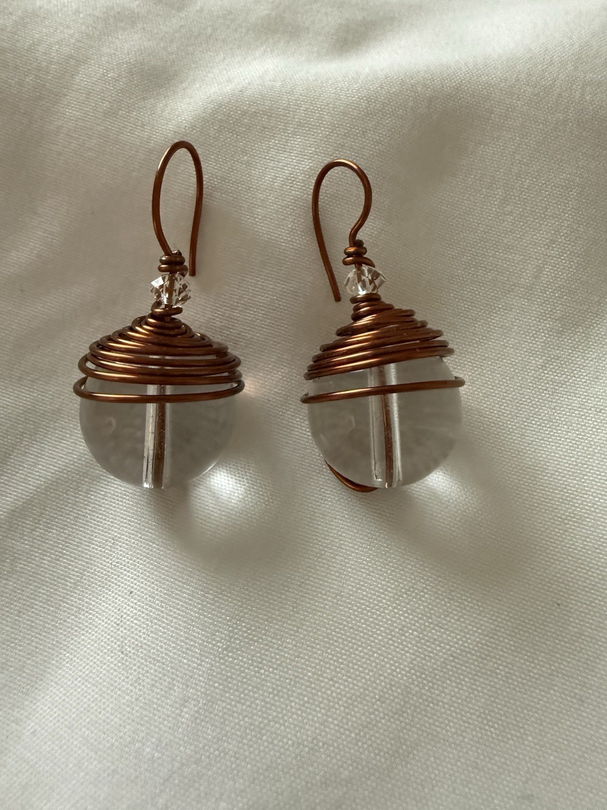 Copper Wire Wrapped Clear Acrylic Ball Bead Drop Earrings