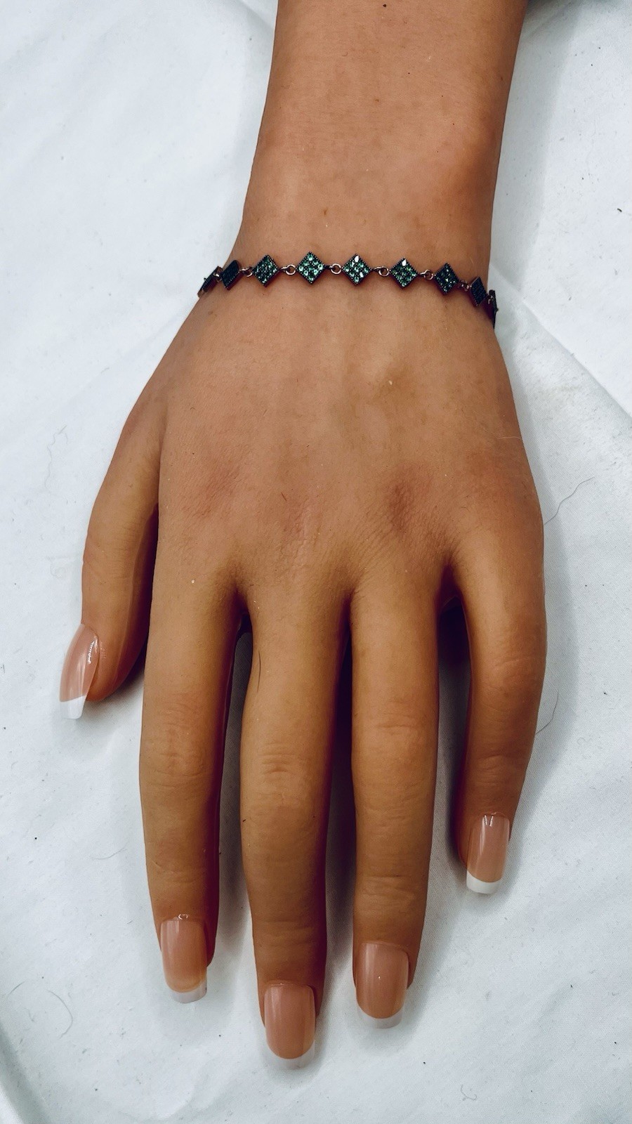 Green Stone Lozenge Geometric Station Bracelet Rose Gold On Sterling Adjustable