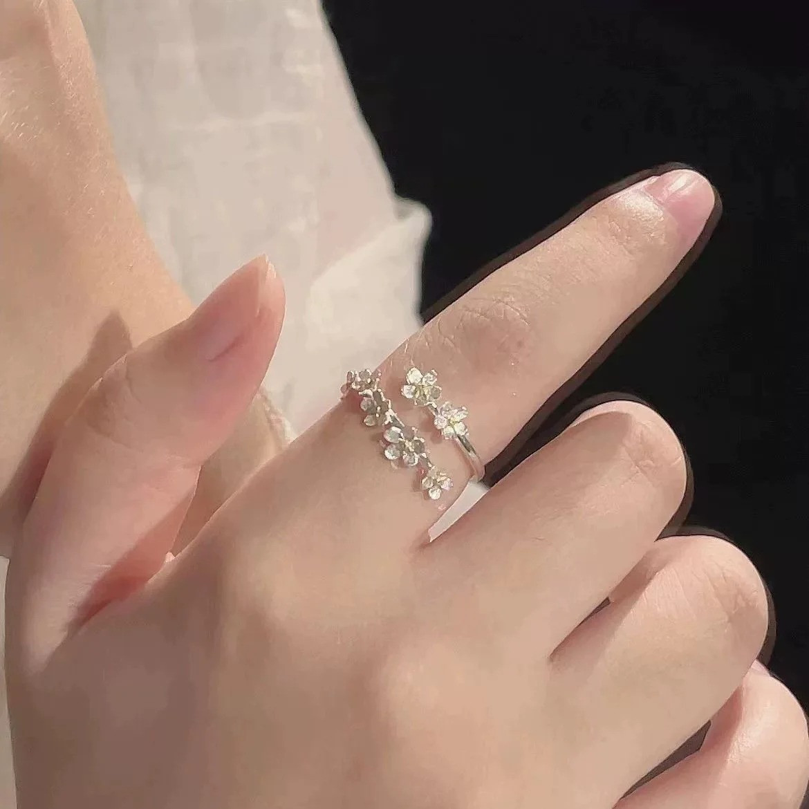 Unique Flower Opening Adjustable Ring Women SilverColor Minimalist FingerJewelry