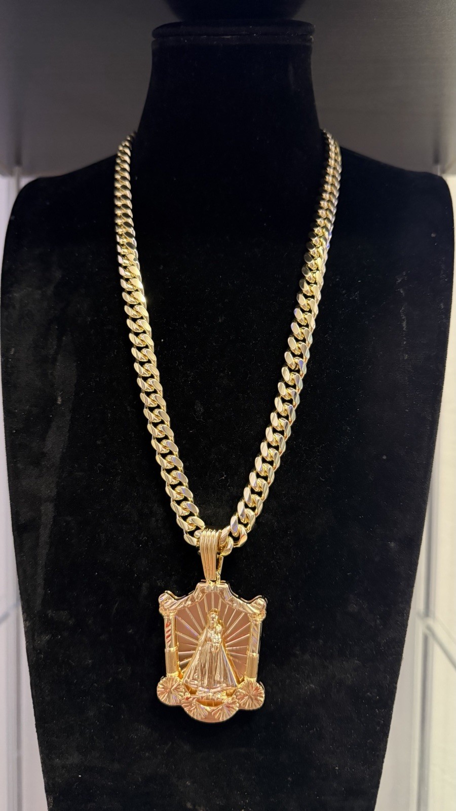 Yellow Gold Plated Cuban Link Necklace w/ Religious Medal Pendant
