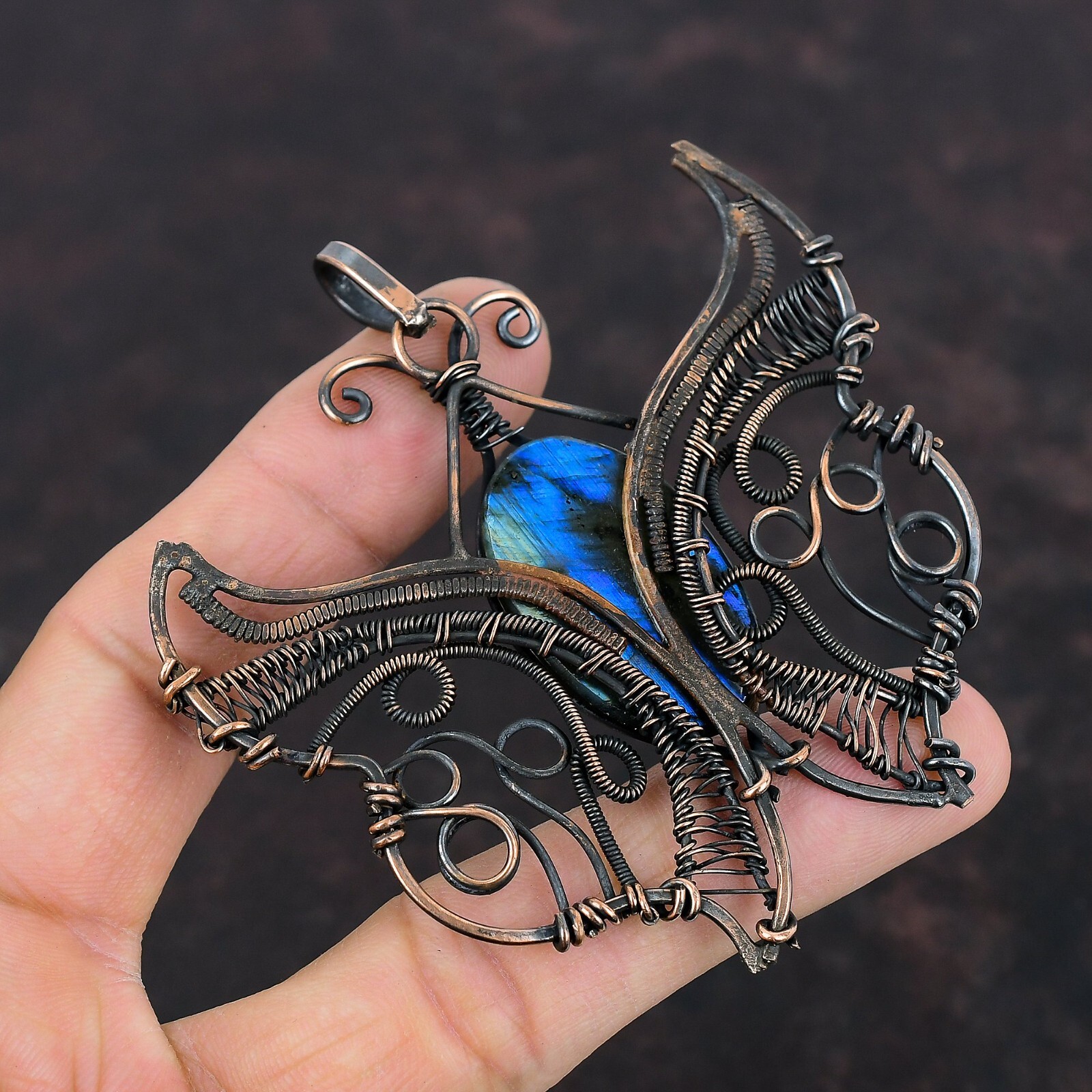 Labradorite Copper Gift For Briedsmaid Wire Wrapped Butterfly Pendant 3.35″