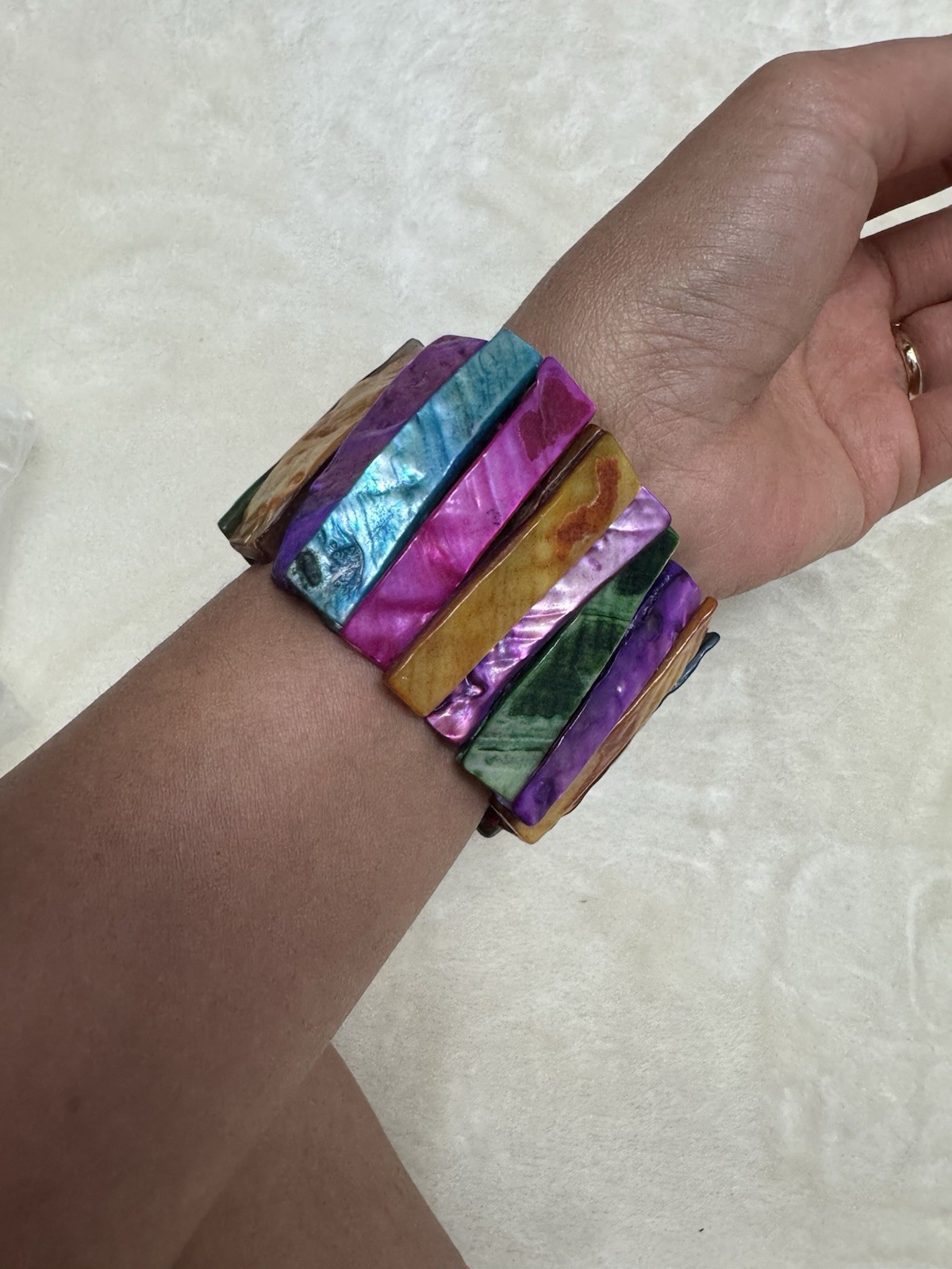 Mother Of Pearl Shell Bracelet Stretch Dyed Multicolored Bangle