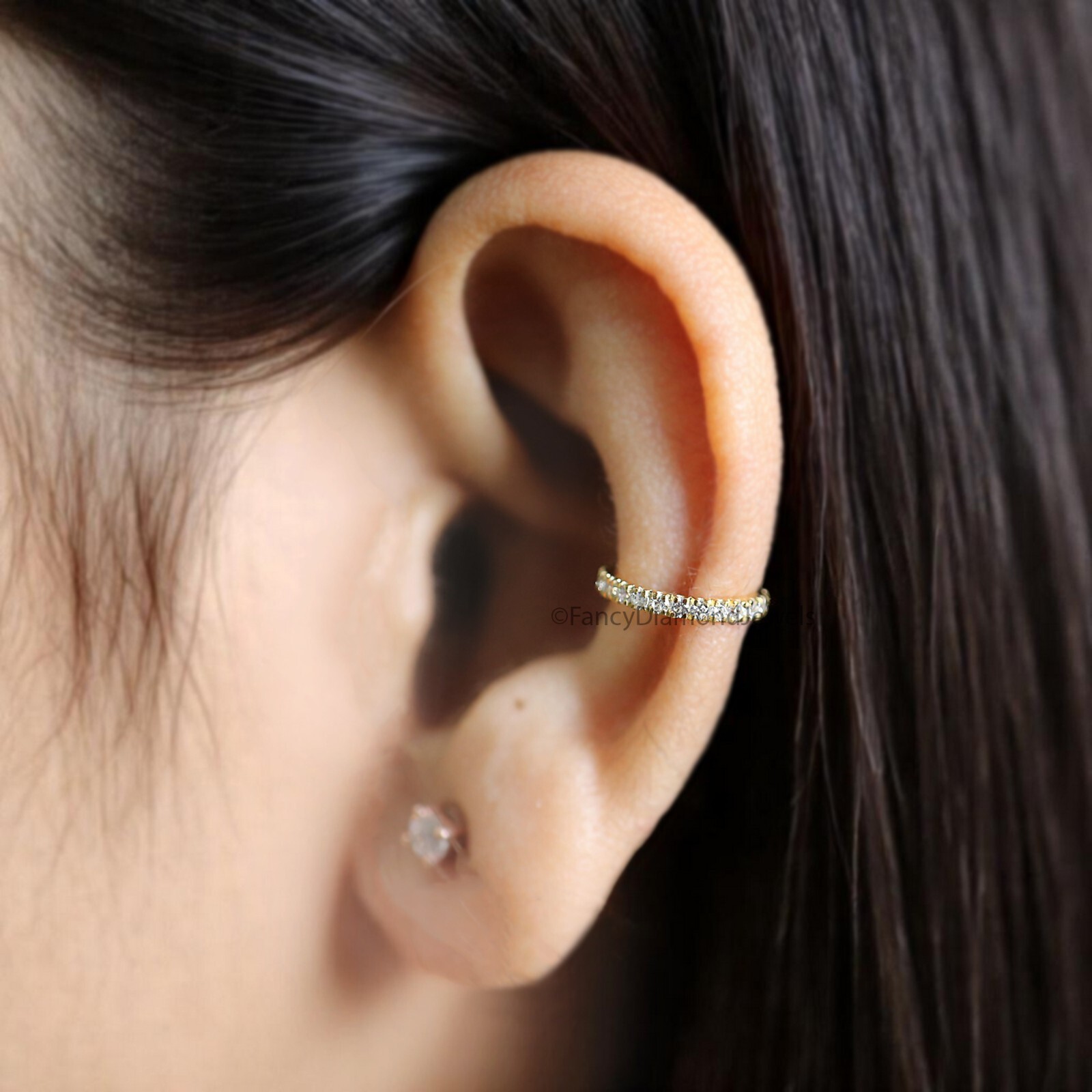 Round Brilliant Cut Colorless Moissanite Diamond Ear Cuff Dainty Ear Cuff FD366