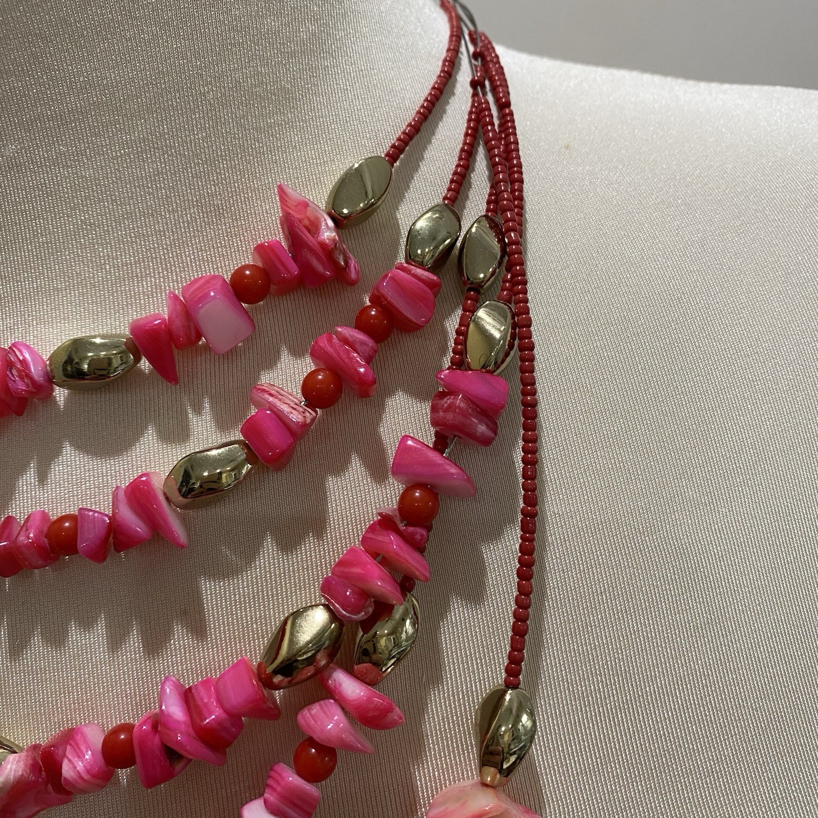 NEW Pink Mixed Stone & Bead 5 Strand Bib Necklace