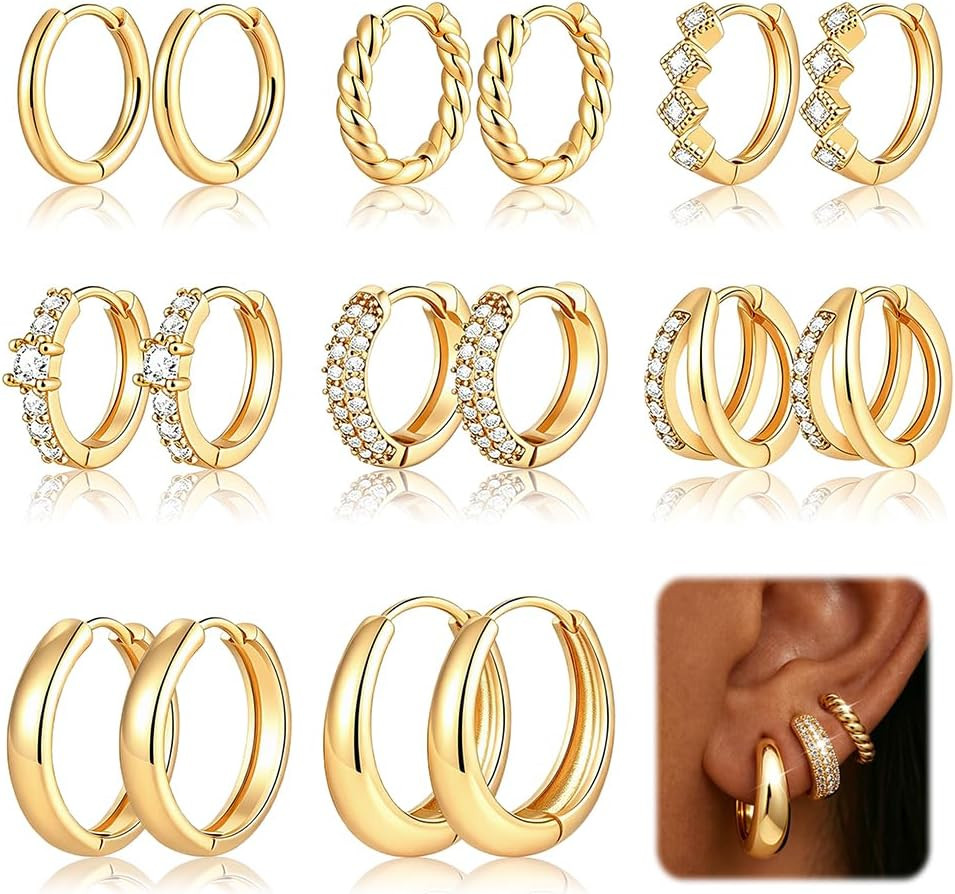 8 Pairs Gold Hoop Earrings Set for Women, 14K Gold Plated CZ Cartilage Earring f