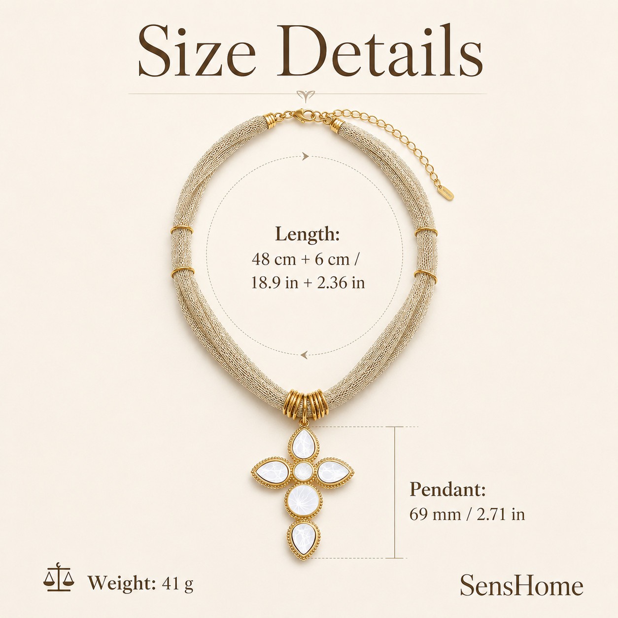 White Glass Cross Pendant Necklace Women Gold Stainless Steel Statement PVD