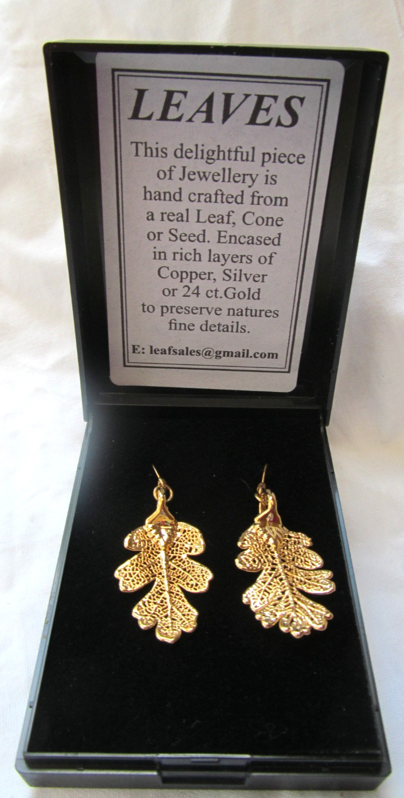 Real Leaf Hook Drop EARRINGS Lacey OAK 24ct Gold Dipped Genuine Leaves Boxed VGC