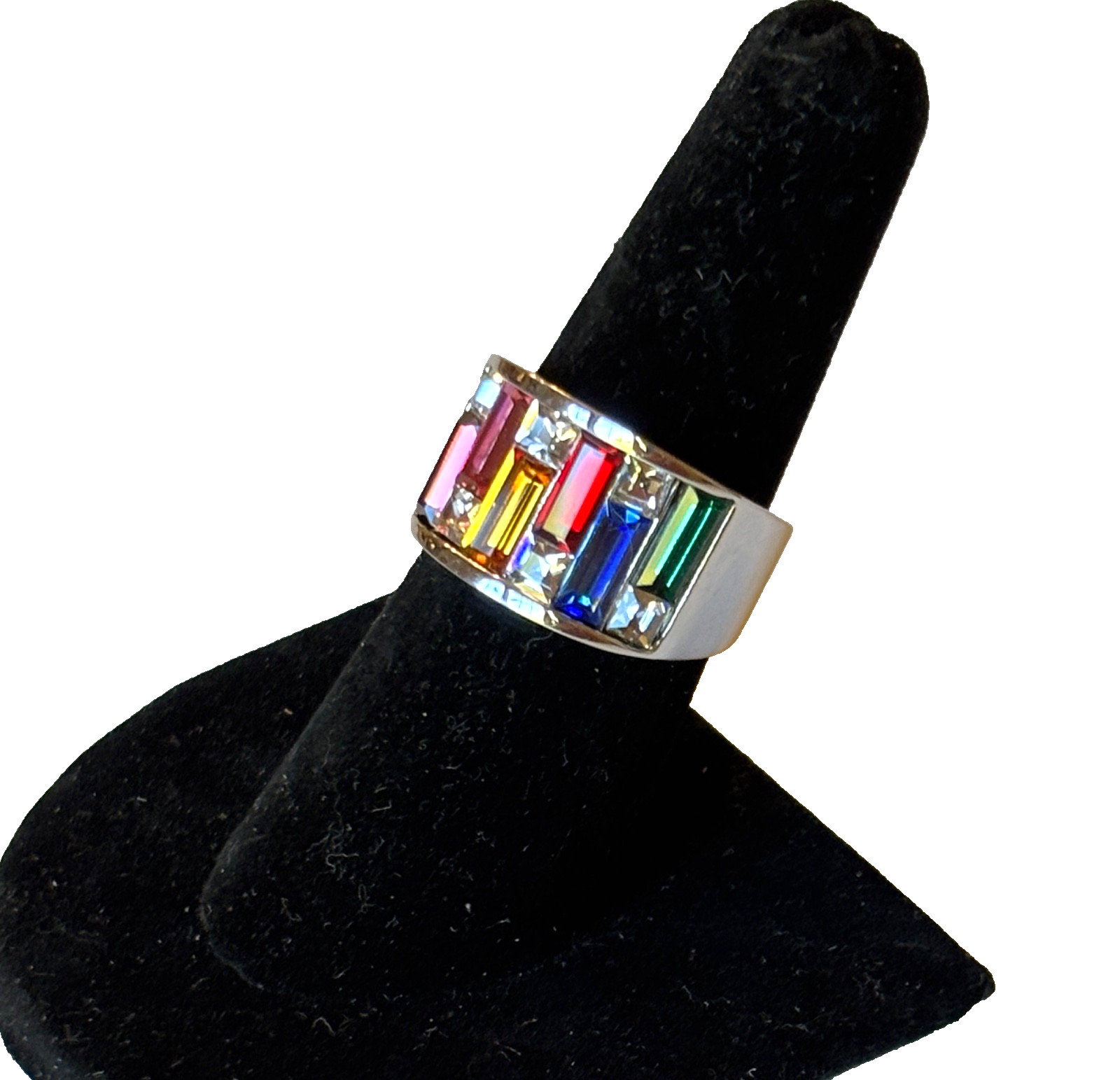 Palm Beach Jewelry Rainbow RING Sz 7 Baguette Crystal Unisex Colorful Wide Band