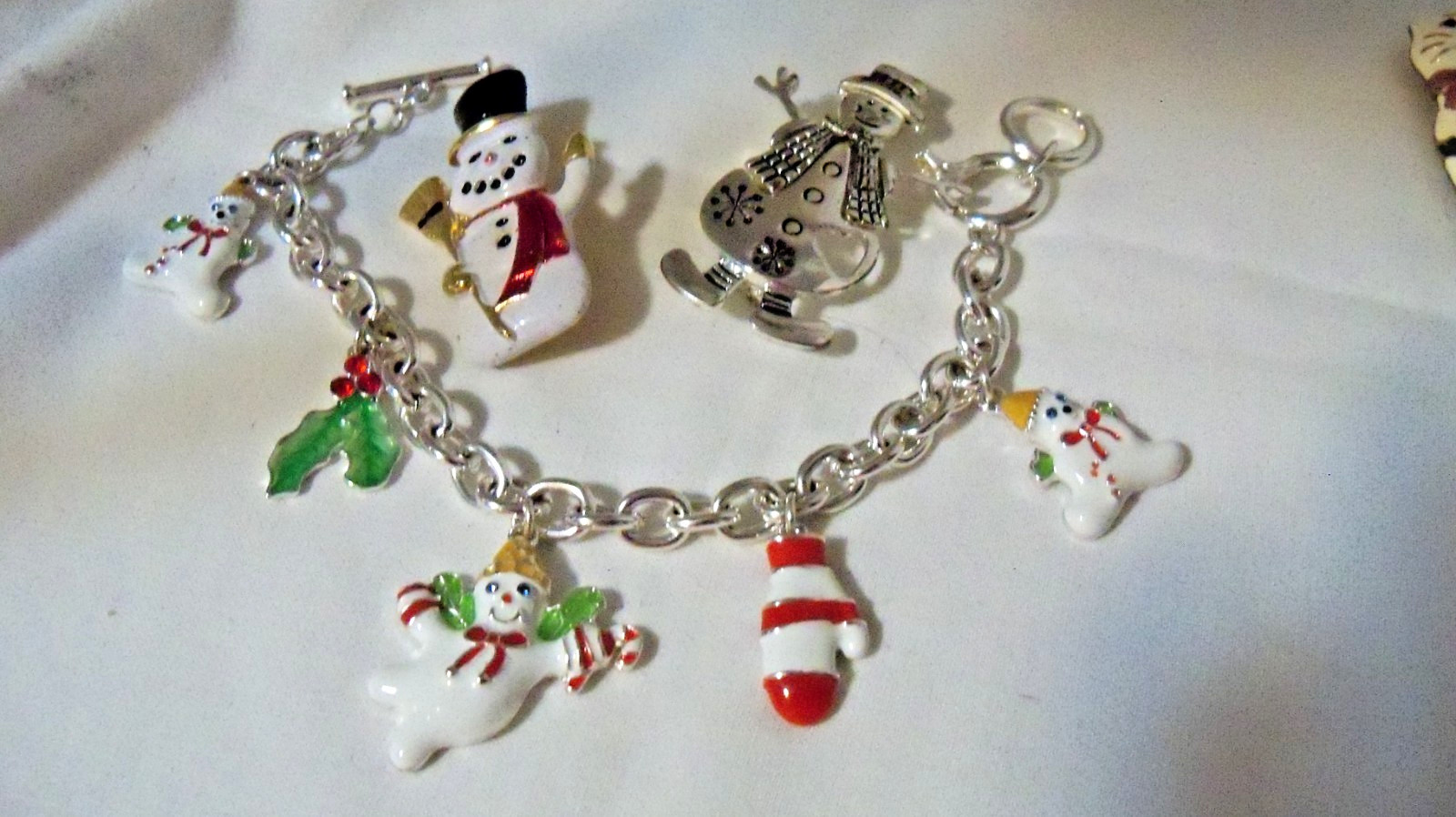 Christmas in July Enameled Snowman Charm Bracelet & 2 Pins