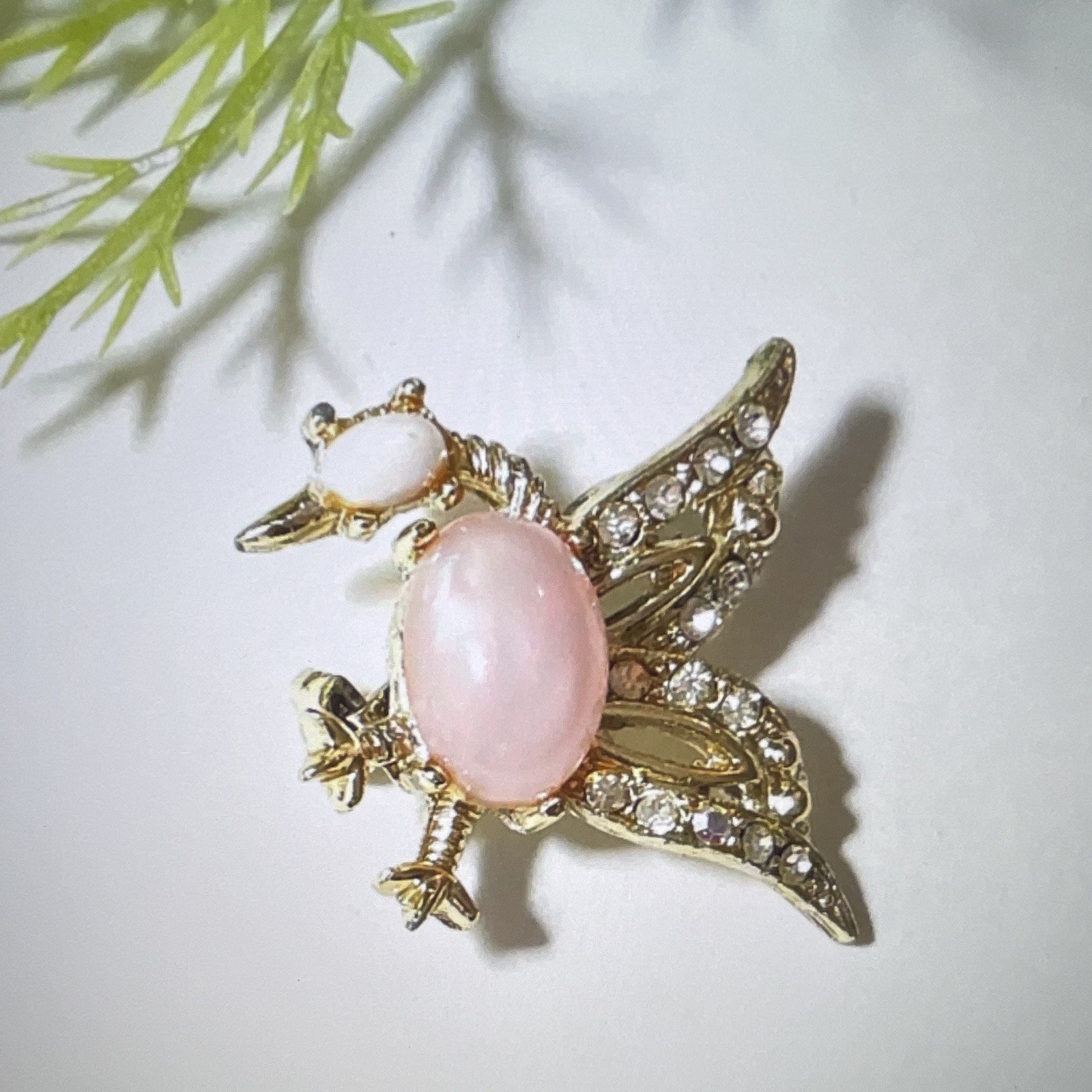 Gold Tone Bird Brooch Pin Pink Cabochon & Clear Pavé Rhinestone