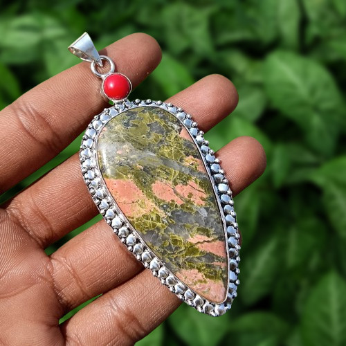 Buy Unakite Jasper &Red Coral Gemstone 2 Stone Pendant 925 Silver Plated Jewelry