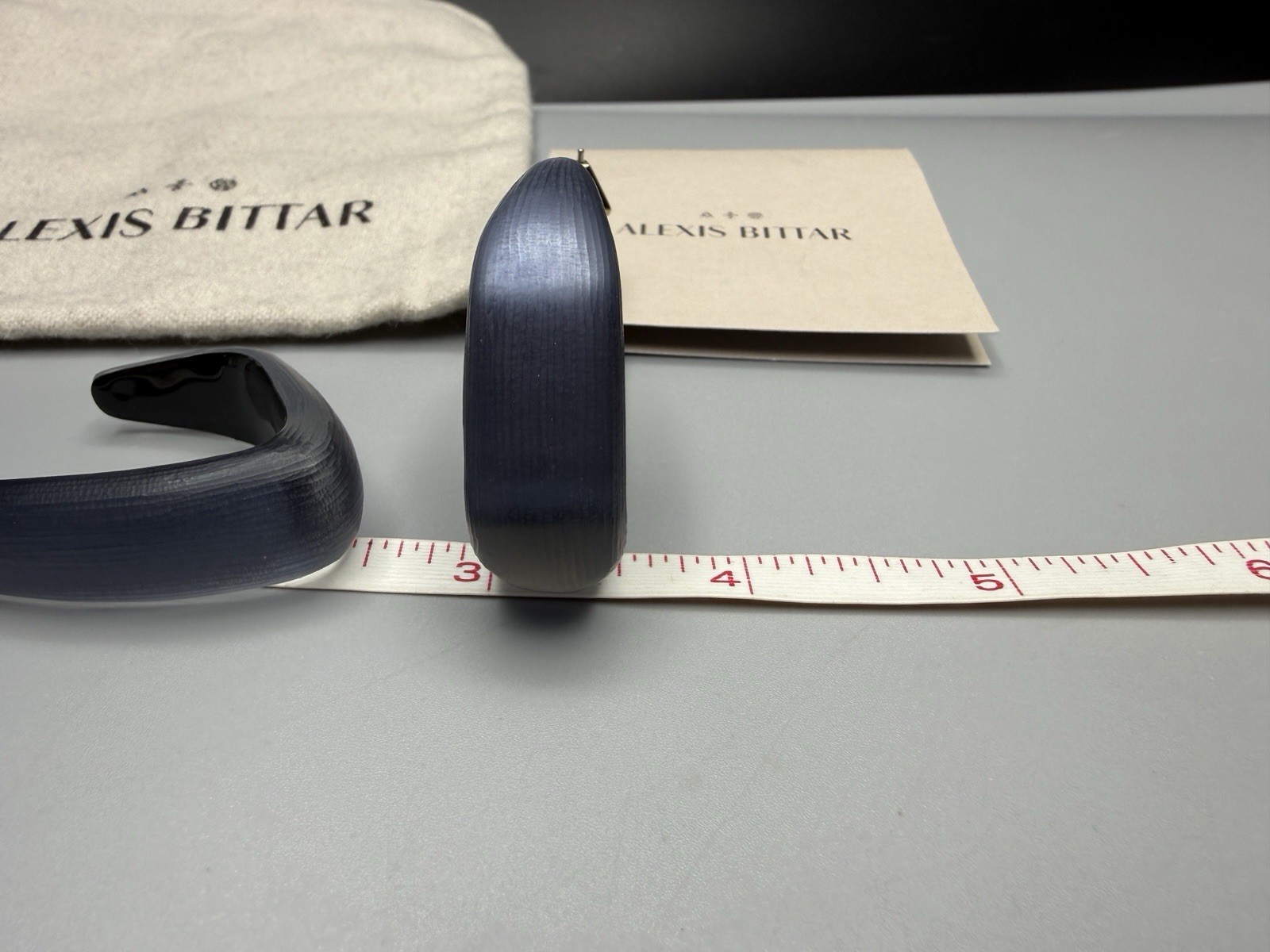 Alexis Bittar Authentic 2.5” Long Slate Blue Lucite J Hoop Earrings Geometric