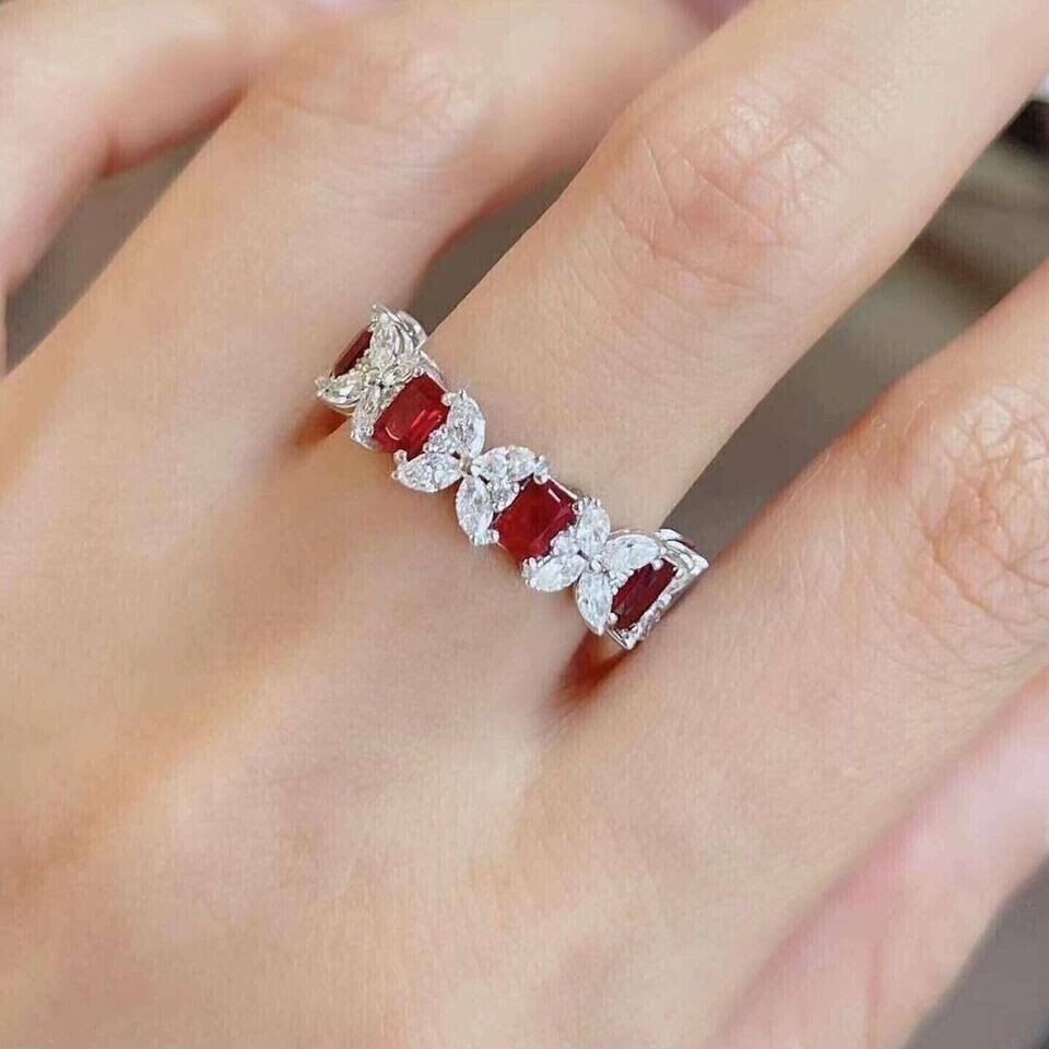 Emerald Cut Simulated Ruby Women’s Gorgeous Eternity Ring 14K White Gold Plated