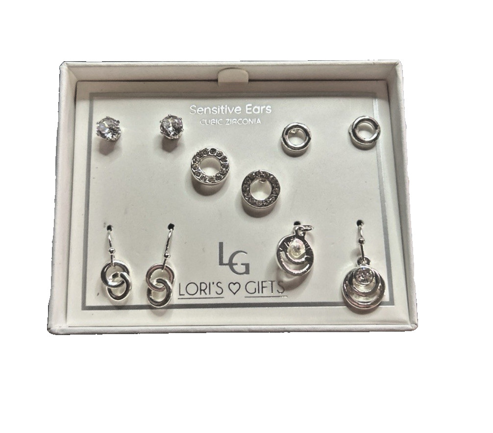 Lori’s Gifts Sensitive Earrings Set Of 5 New Cubic Zirconia Boxed Set