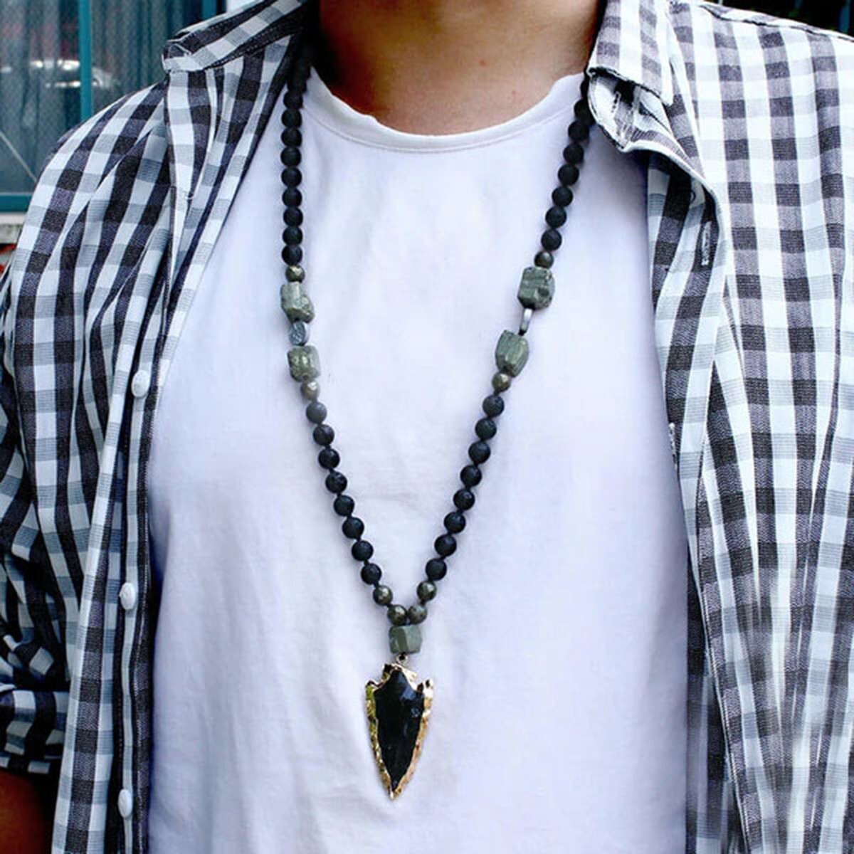 Natural Lava Rock + Black Obsidain Arrow Pendant Necklace Healing Necklace