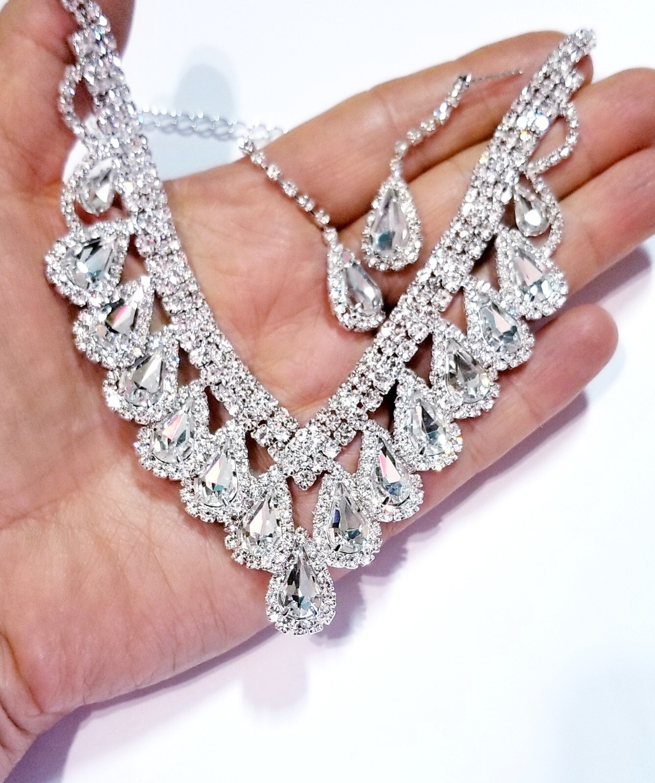Clear Rhinestone Necklace Earring Set Bridal Prom Pageant Statement Drag Queen