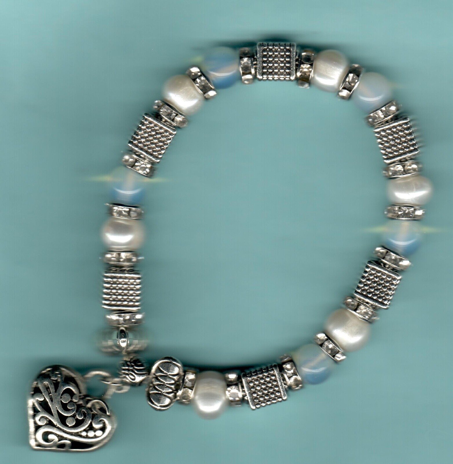 Brighton Pearl/Opal/silver/CZ stretch bracelet with Contempo/Leafy heart charm