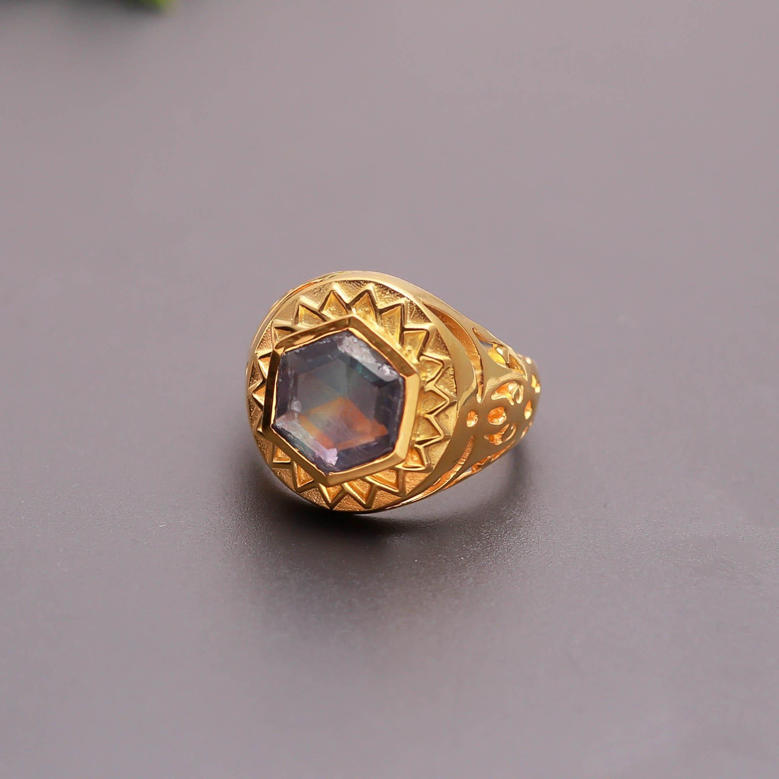 Natural Rainbow Fluorite Hexagon Ring 925 Sterling Silver Gold Filled Jewelry