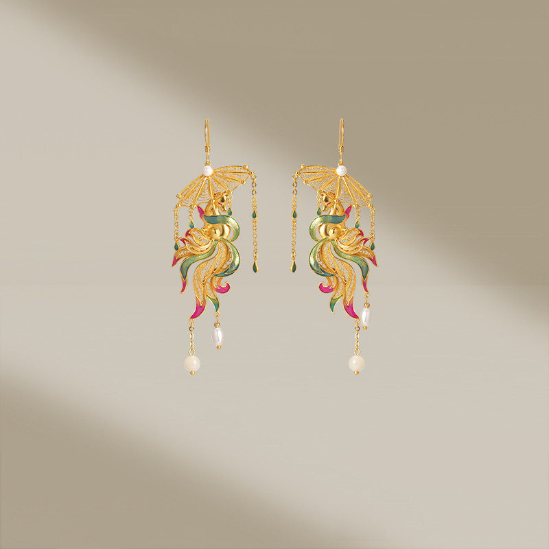 Chinese Style Nine Tail Fox Earrings Filigree Enamel Pearl Tassel Dangle