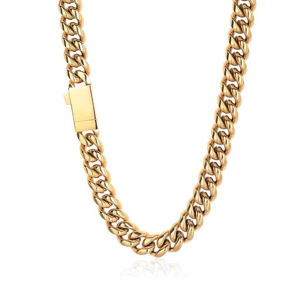 Miami Cuban Chain Necklace Men, 14k Gold Plated Stainless Steel 6–12mm 16–30″