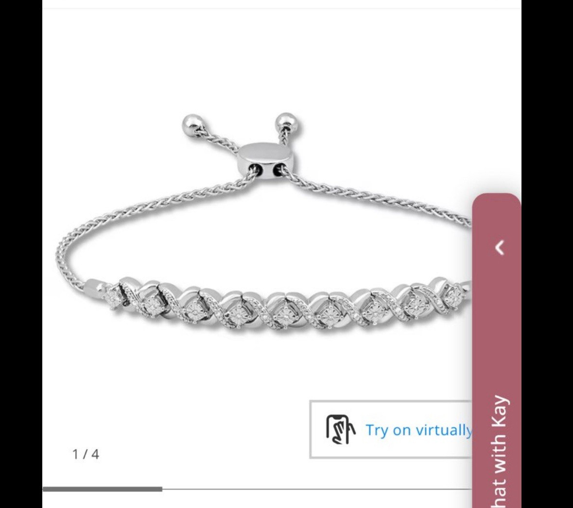 Kay Jewelers Diamond Accent XO Sterling Silver Adjustable Bolo Bracelet 8.75″