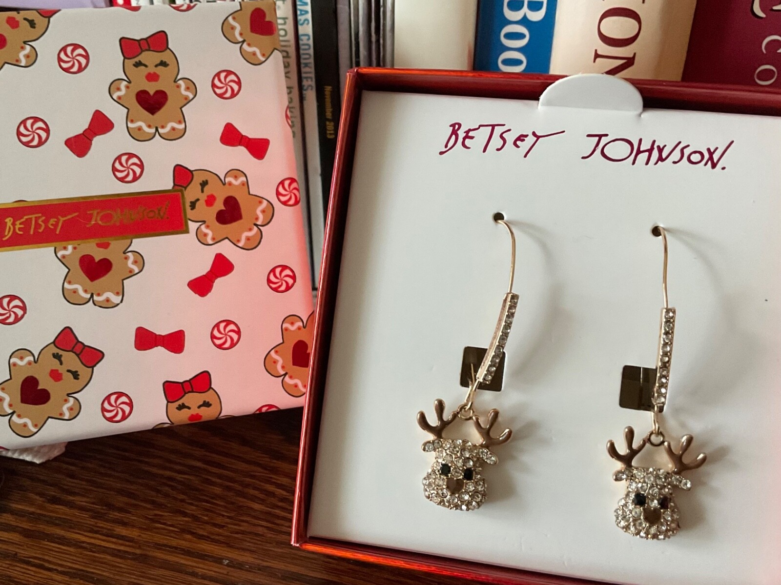 Betsey Johnson Gold Tone Holiday Christmas Whimsy Dangle Reindeer Earrings
