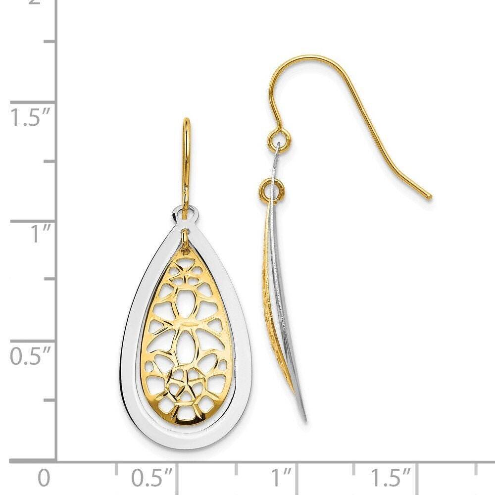 14k Two Tone Gold Filigree Teardrop Dangle Hook Earrings – 38x15mm – Art Deco