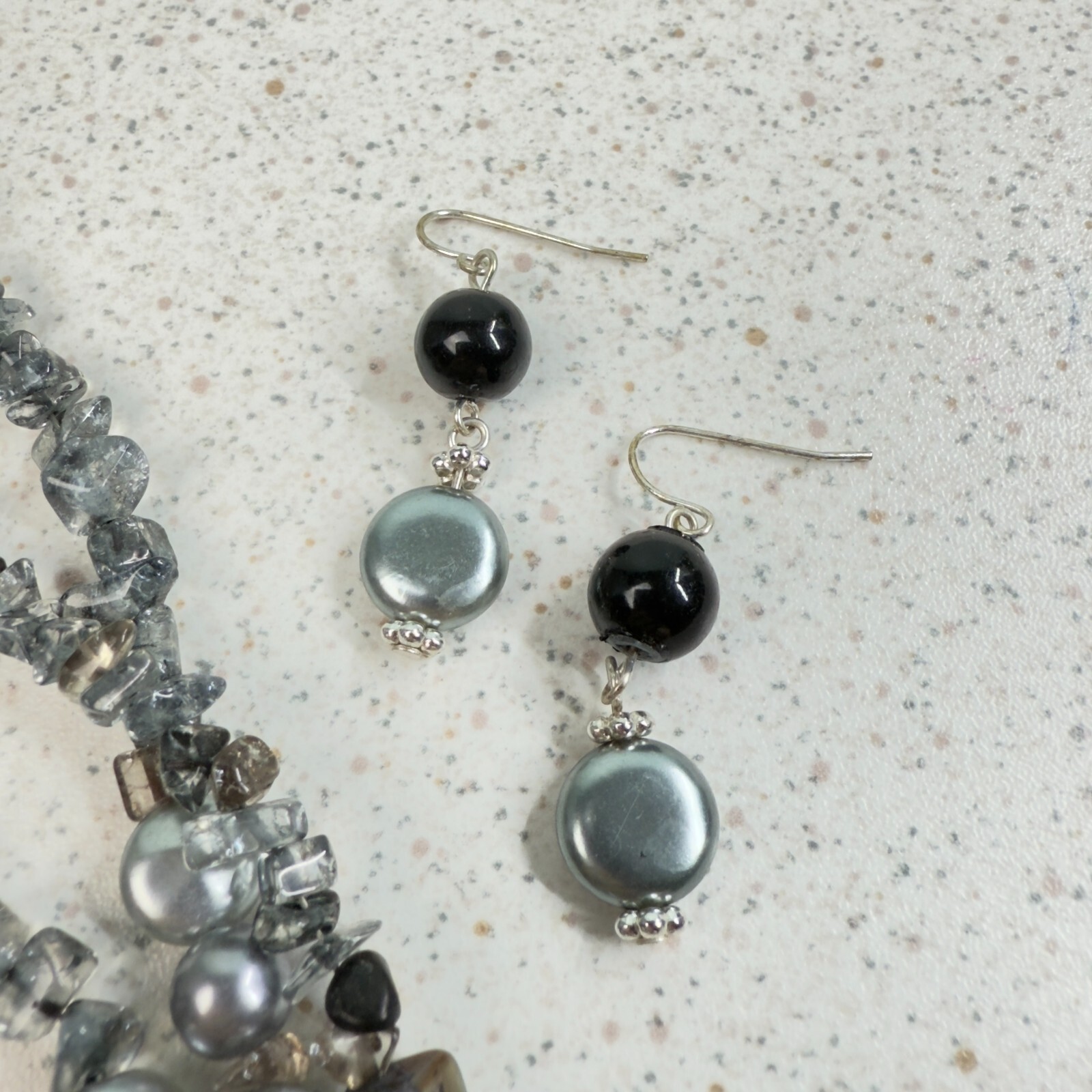 Metallic Black Silver Gray Chip Stone Beaded Multi Strand Necklace Earring Set