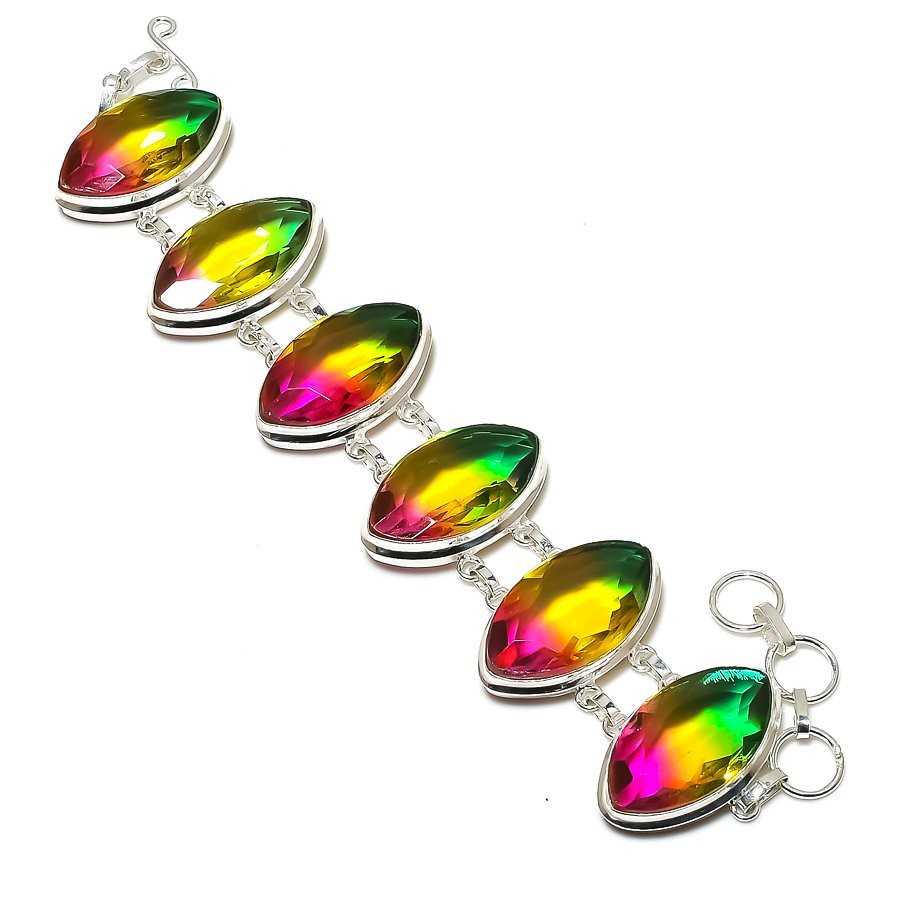 BI-Color Tourmaline Gemstone Bracelet Adjustable Chain Marquise Shape Jewelry 8″