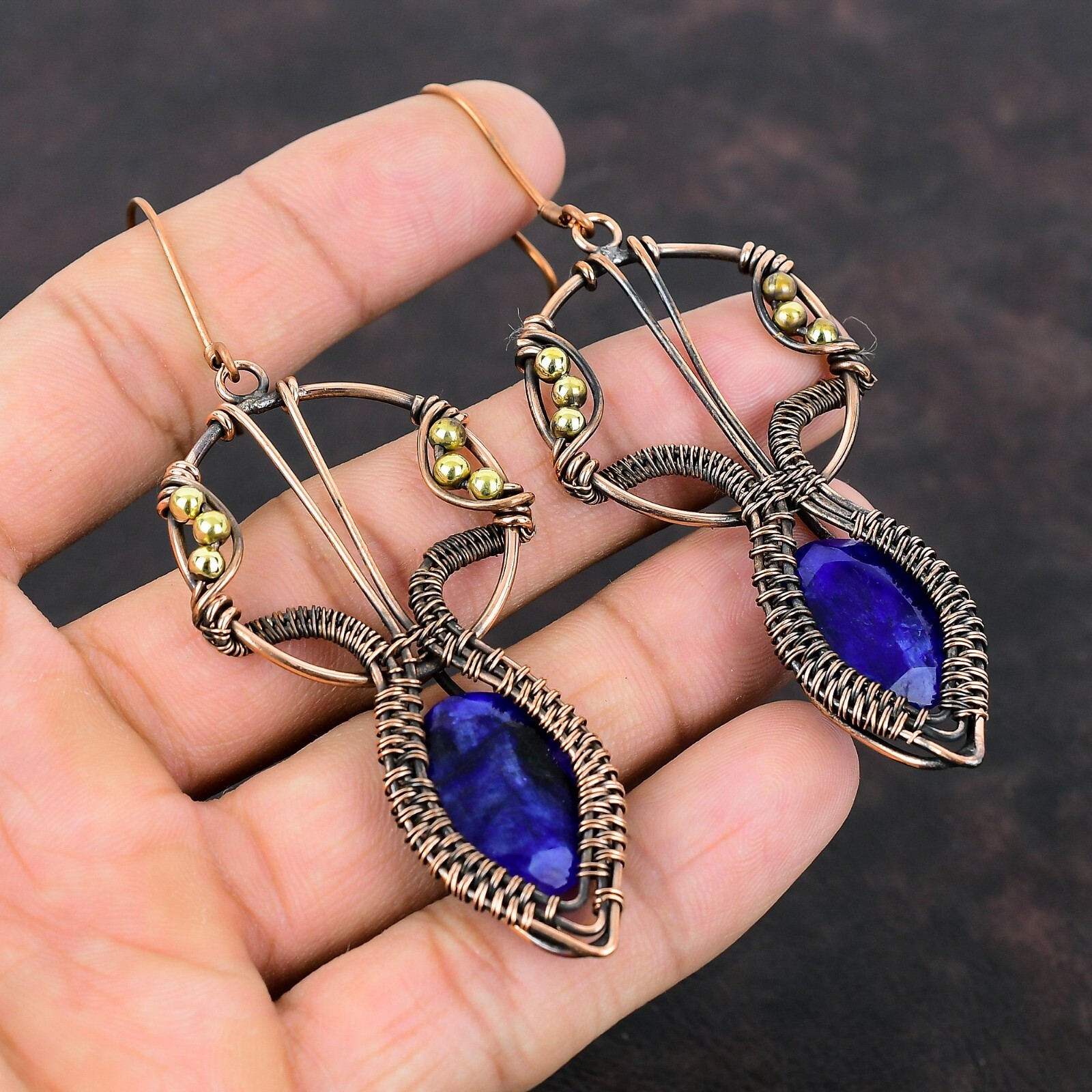 Blue Saphire Copper Sister Gift Wire Wrapped Drop/Dangle Earrings 3.74″