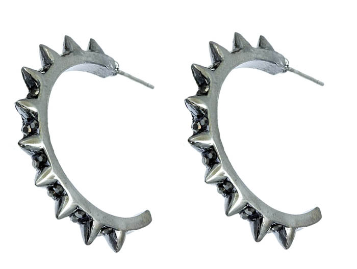 Gothic Punk Gun Metal Grey Spiked half Hoop Crystal Bling Earrings 1 1/4″ Hoop
