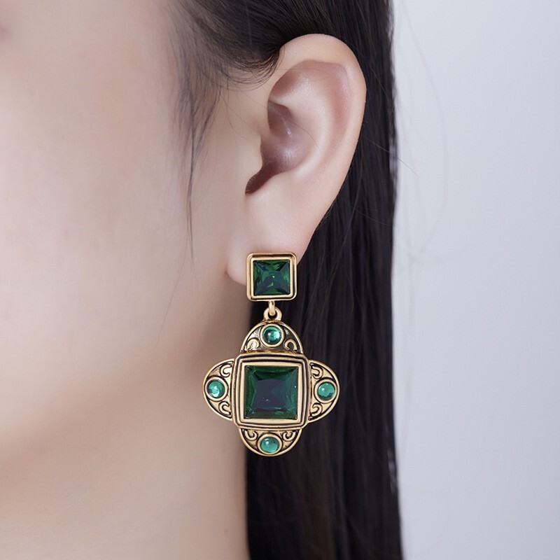 Vintage Matte Gold Plated Green Gem Earrings