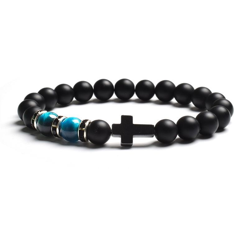 Tiger Eye & Black Agate Beaded Bracelet Men Women Elastic Cross Faith Jewelry