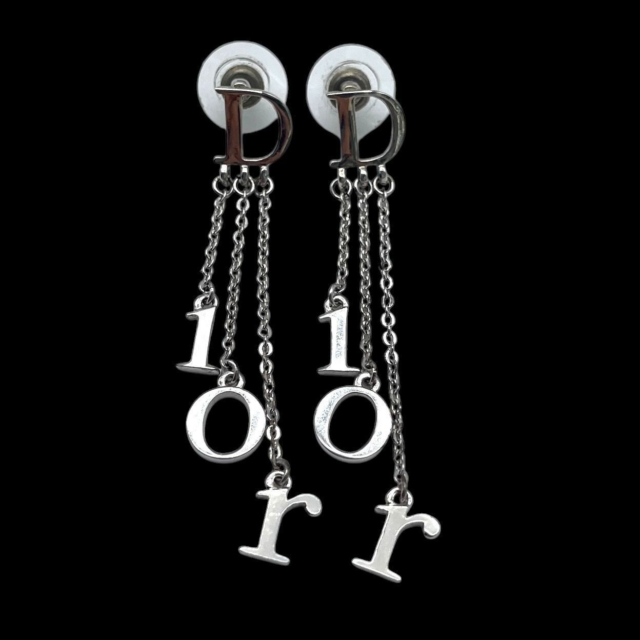 Christian Dior Silver Logo Dangle Chain Earrings Vintage Boxed Condition