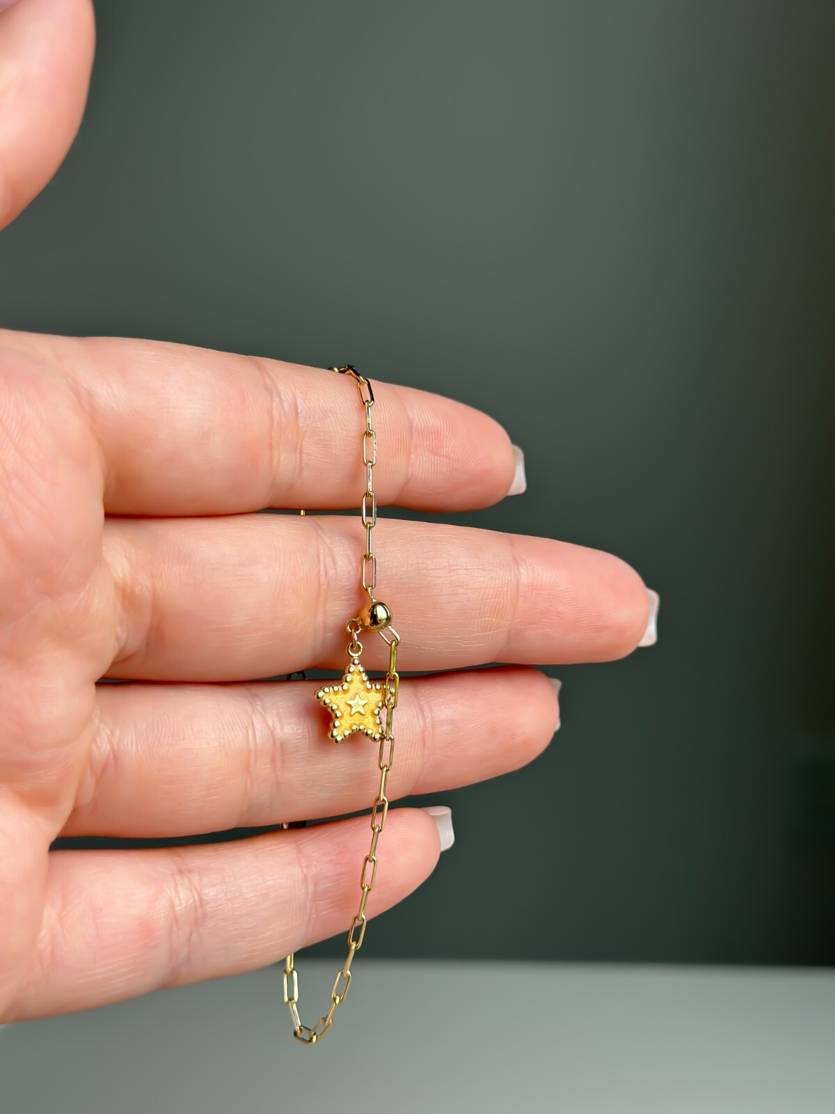 14k Solid Gold Star Bracelet Paper Clip Link 2mm, 6.5″ to 7″, Yellow Gold