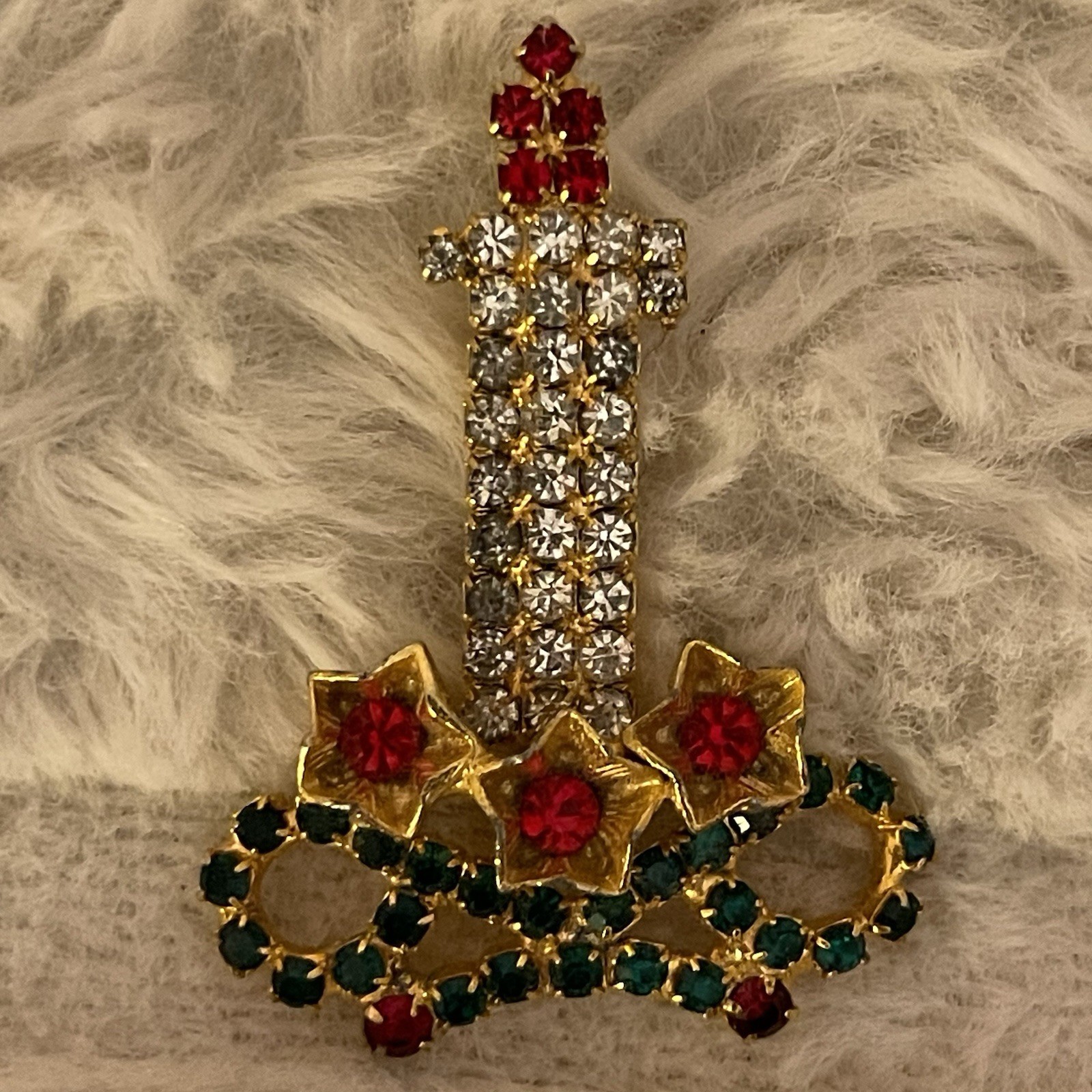Vintage Rhinestone Candle Brooch Holiday Pin Costume Jewelry Gift Christmas