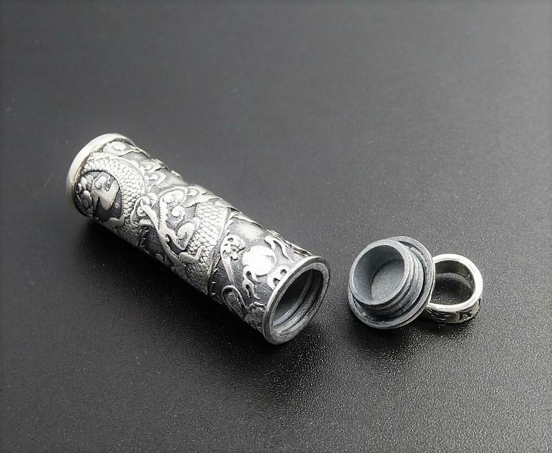 925 Sterling Silver Ornate Detailed Dragon Cylinder Prayer Box Locket Pendant