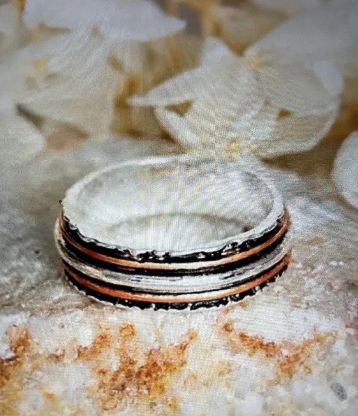 Two Tone Band Ring: Stainless Steel with Copper Accents, Stackable, Size 7